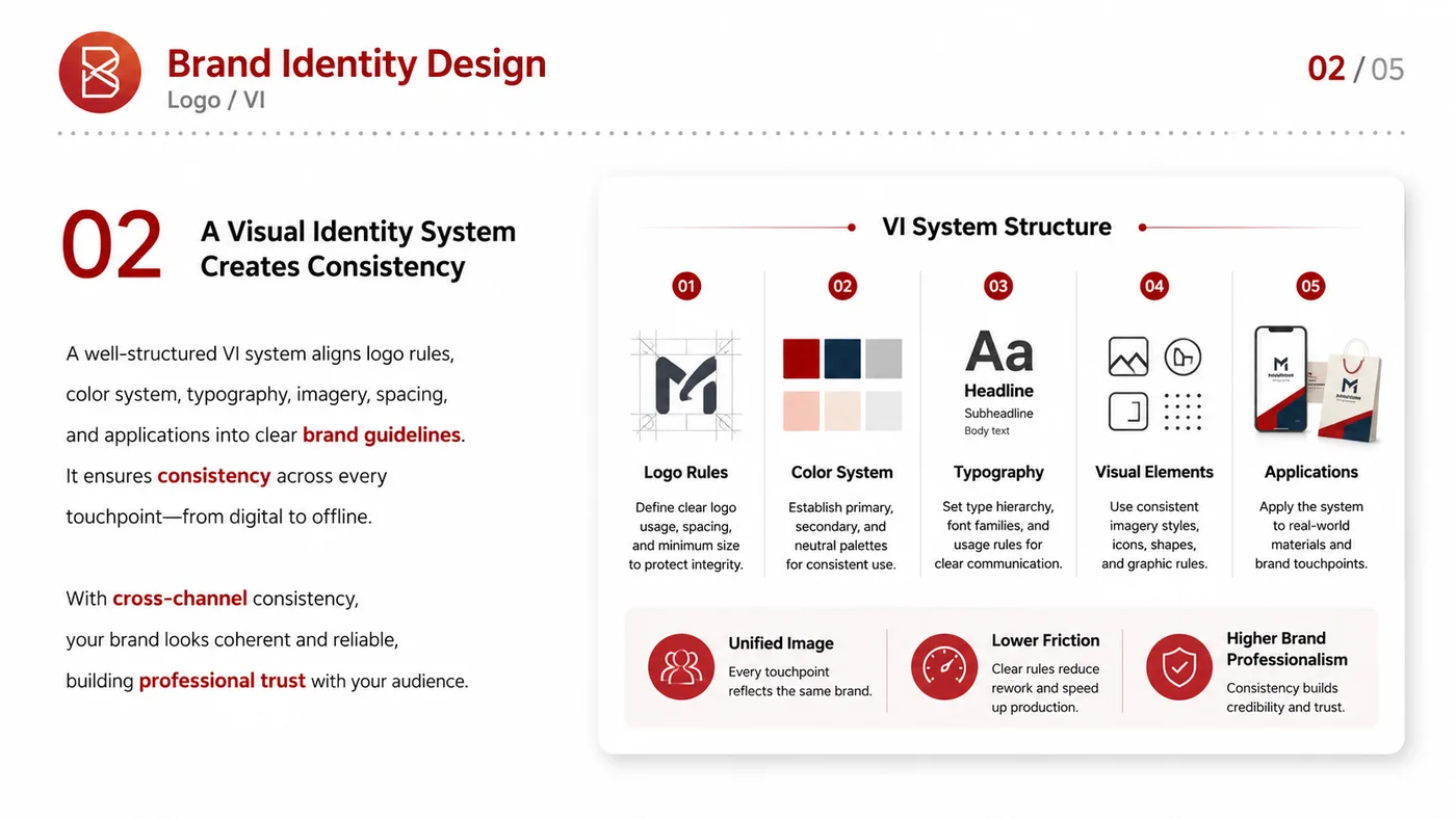 Brand Identity Design service card, page 2: Brand Identity Design turns English narrative, sales assets, trust content and lead tracking into business-development...