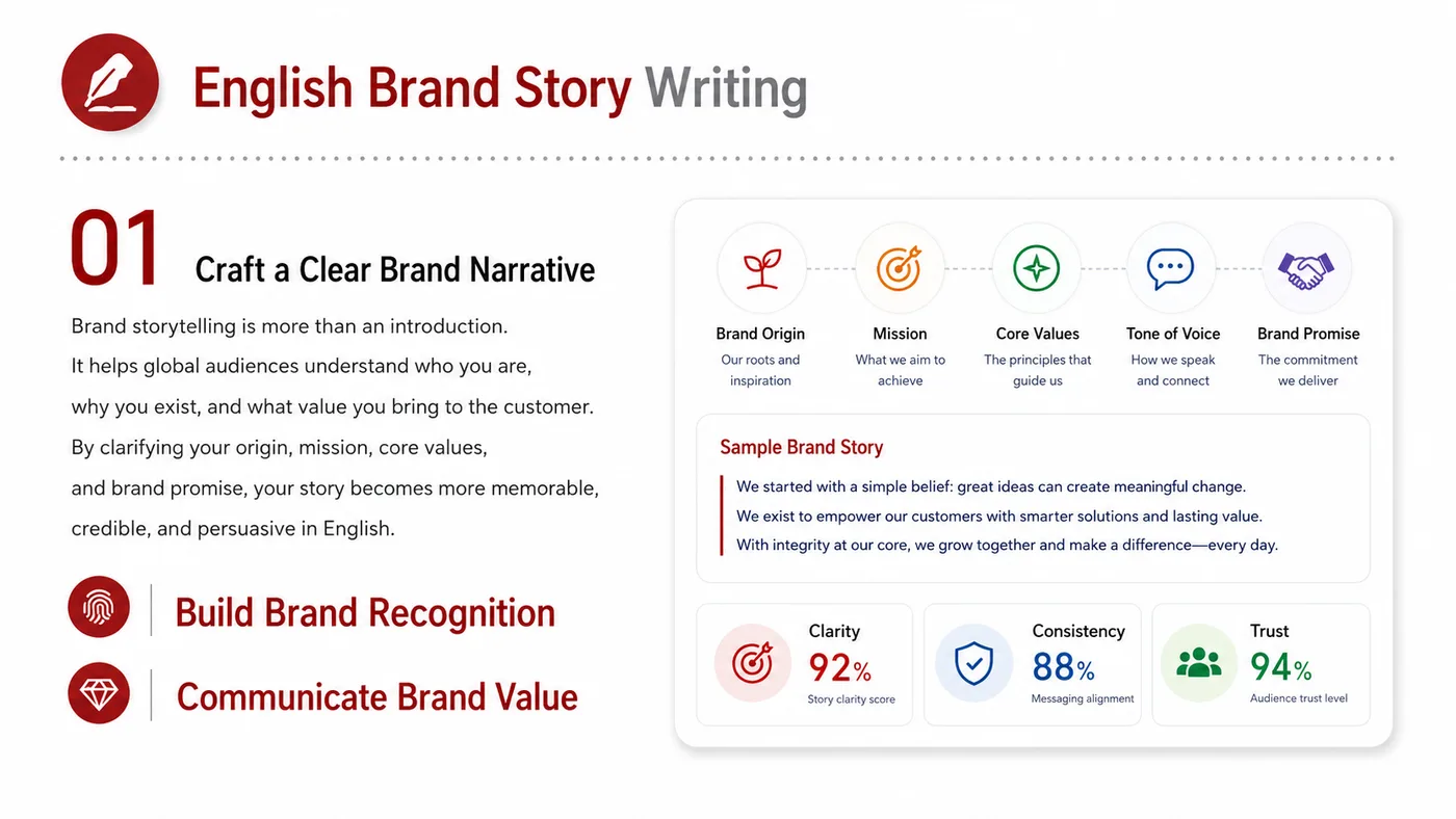 English Brand Story service card, page 1: English Brand Story turns English narrative, sales assets, trust content and lead tracking into business-development as...