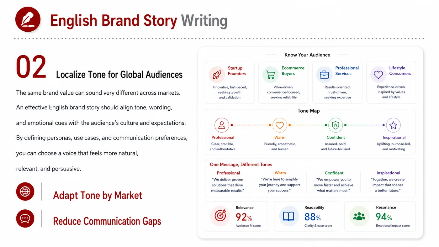 English Brand Story service card, page 2: English Brand Story turns English narrative, sales assets, trust content and lead tracking into business-development as...