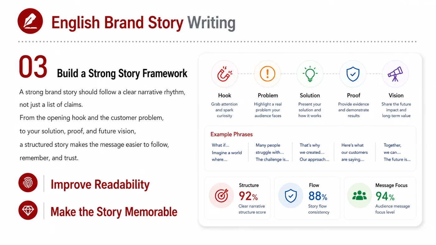 English Brand Story service card, page 3: English Brand Story turns English narrative, sales assets, trust content and lead tracking into business-development as...
