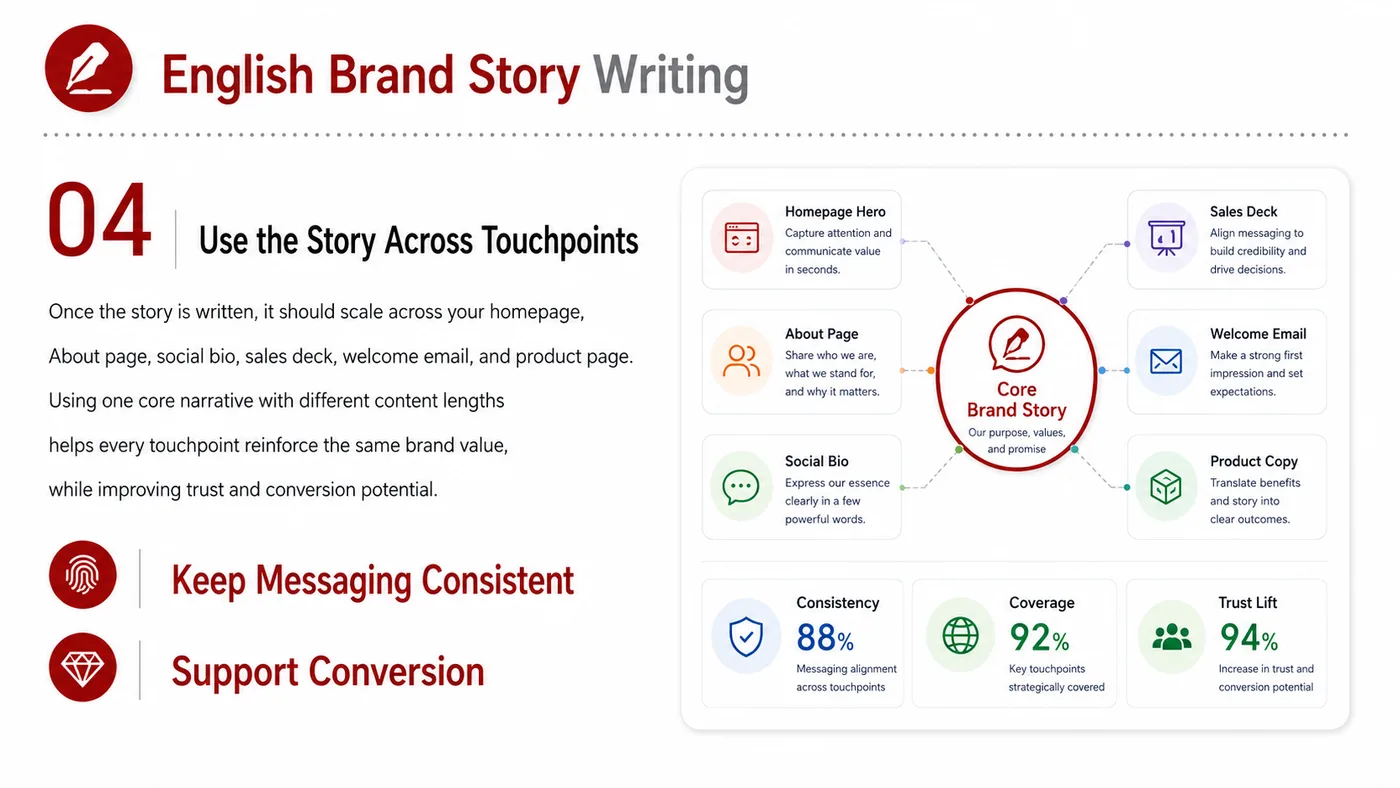 English Brand Story service card, page 4: English Brand Story turns English narrative, sales assets, trust content and lead tracking into business-development as...