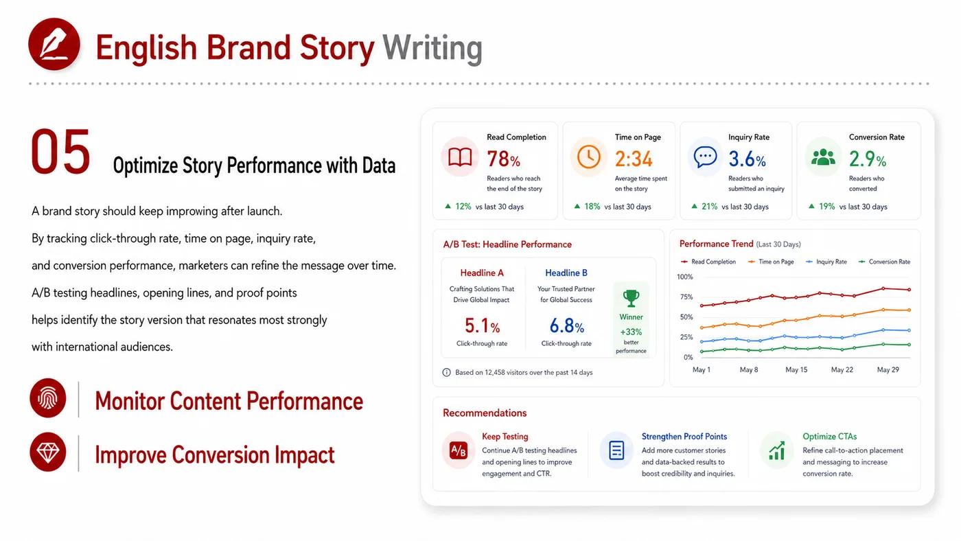 English Brand Story service card, page 5: English Brand Story turns English narrative, sales assets, trust content and lead tracking into business-development as...