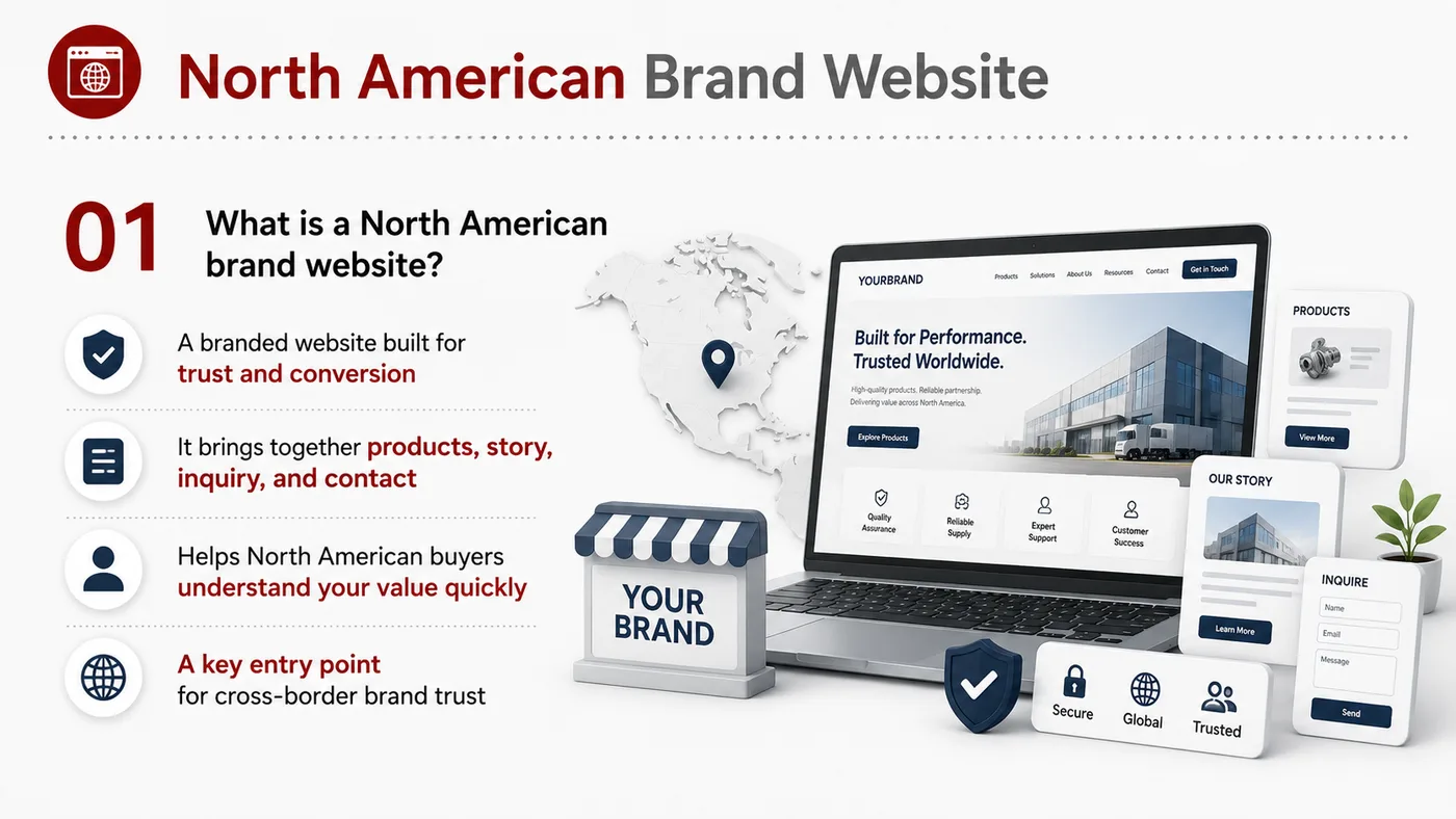 US Brand Website service card, page 1: US Brand Website focuses on platform setup, data preparation, listing optimization, ads, reviews and ongoing operations...