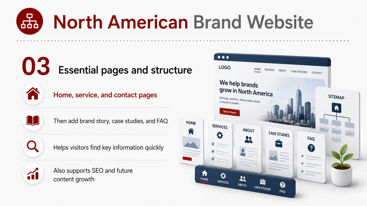 US Brand Website service card, page 3: US Brand Website focuses on platform setup, data preparation, listing optimization, ads, reviews and ongoing operations...