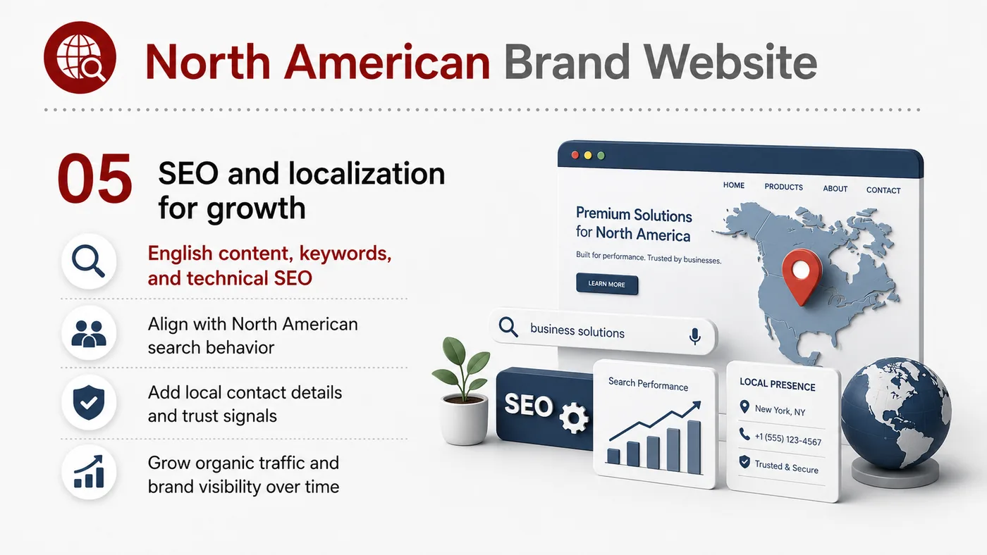 US Brand Website service card, page 5: US Brand Website focuses on platform setup, data preparation, listing optimization, ads, reviews and ongoing operations...