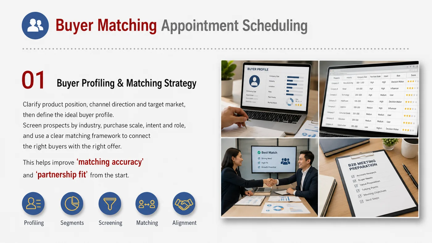 Buyer Matching and Meeting Booking service card, page 1: Buyer Matching and Meeting Booking connects pre-show outreach, on-site assets, booth messaging, buyer reception and fol...