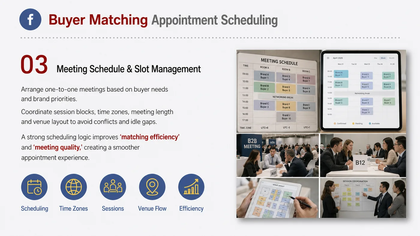 Buyer Matching and Meeting Booking service card, page 3: Buyer Matching and Meeting Booking connects pre-show outreach, on-site assets, booth messaging, buyer reception and fol...