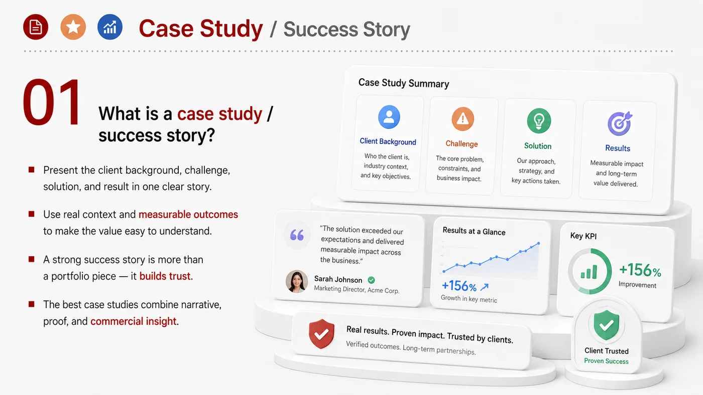 Case Study and Success Story service card, page 1: Case Study and Success Story turns English narrative, sales assets, trust content and lead tracking into business-devel...