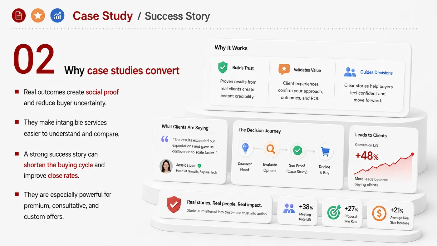 Case Study and Success Story service card, page 2: Case Study and Success Story turns English narrative, sales assets, trust content and lead tracking into business-devel...