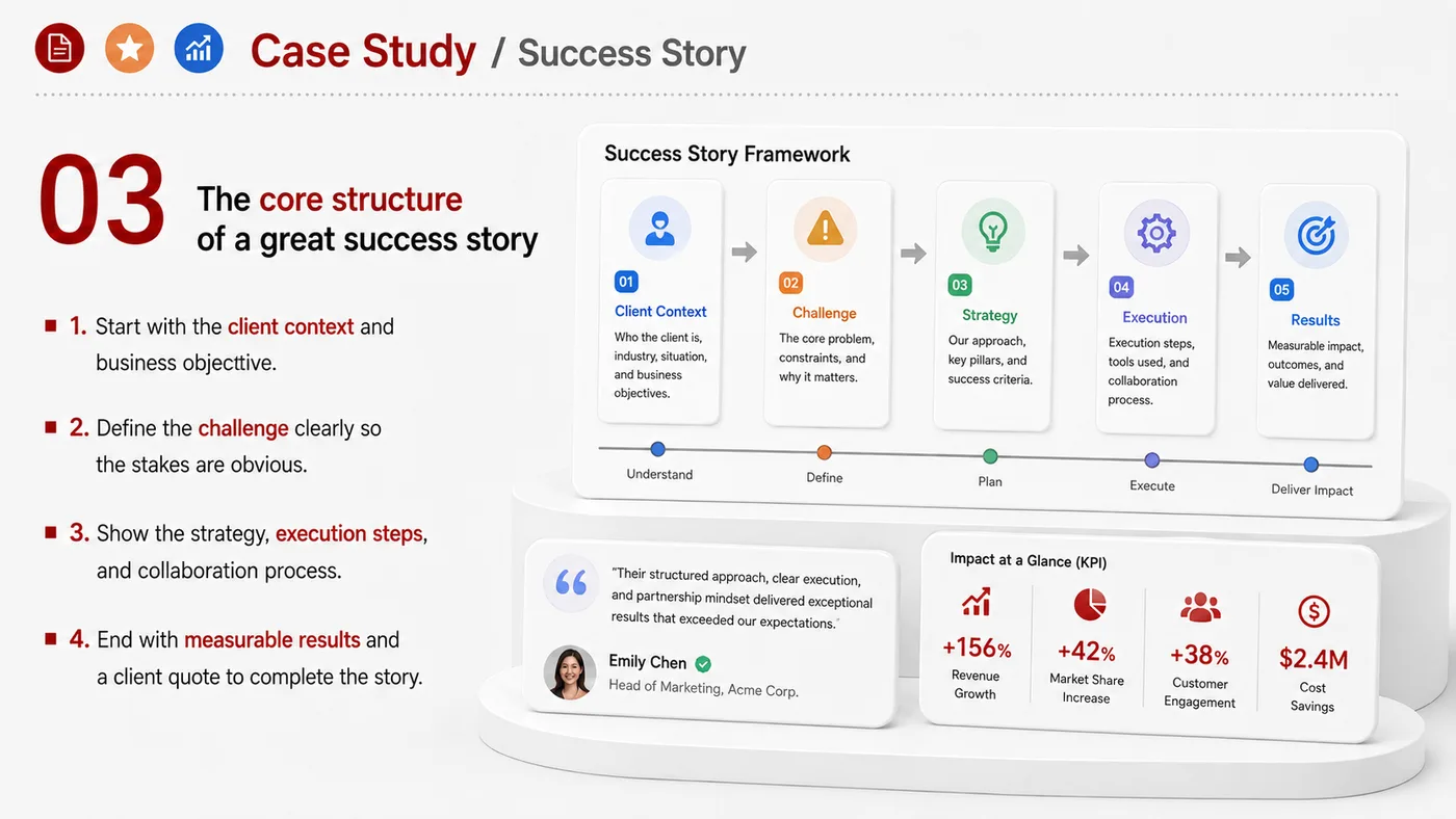 Case Study and Success Story service card, page 3: Case Study and Success Story turns English narrative, sales assets, trust content and lead tracking into business-devel...
