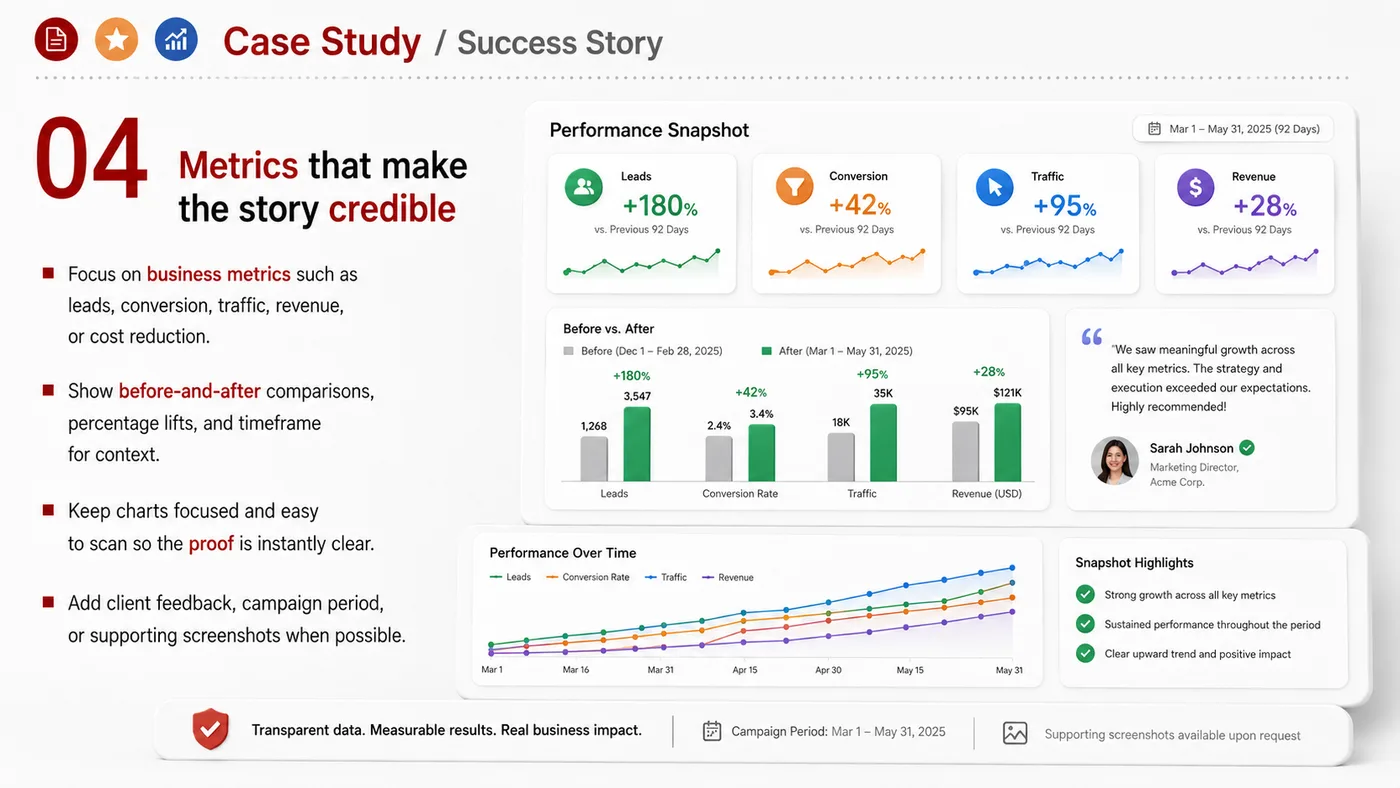 Case Study and Success Story service card, page 4: Case Study and Success Story turns English narrative, sales assets, trust content and lead tracking into business-devel...