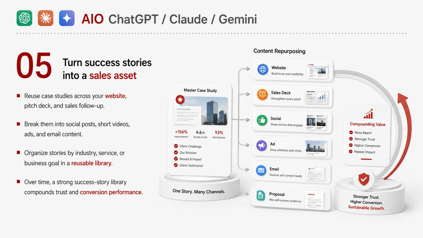 Case Study and Success Story service card, page 5: Case Study and Success Story turns English narrative, sales assets, trust content and lead tracking into business-devel...