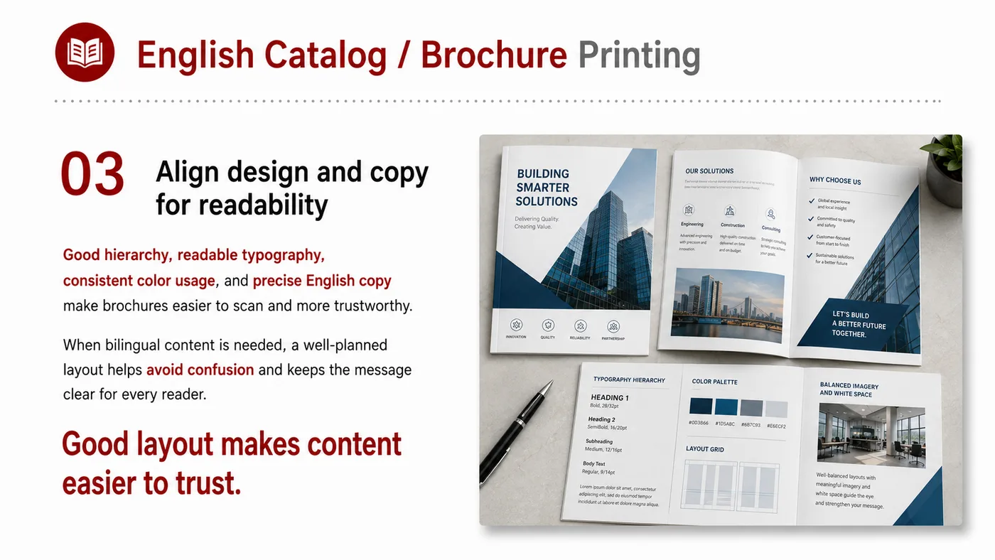 English Catalog and Print Materials service card, page 1: English Catalog and Print Materials connects pre-show outreach, on-site assets, booth messaging, buyer reception and fo...