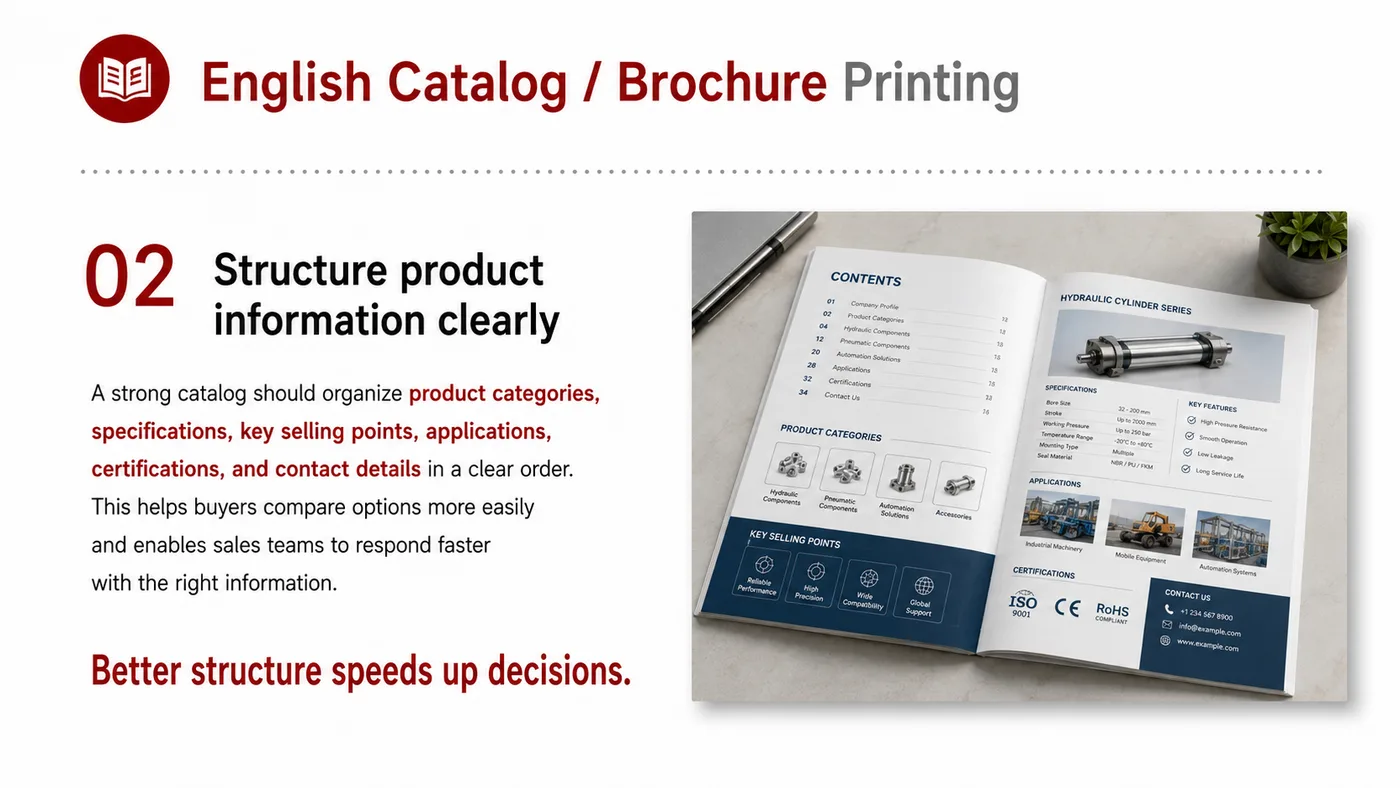 English Catalog and Print Materials service card, page 2: English Catalog and Print Materials connects pre-show outreach, on-site assets, booth messaging, buyer reception and fo...