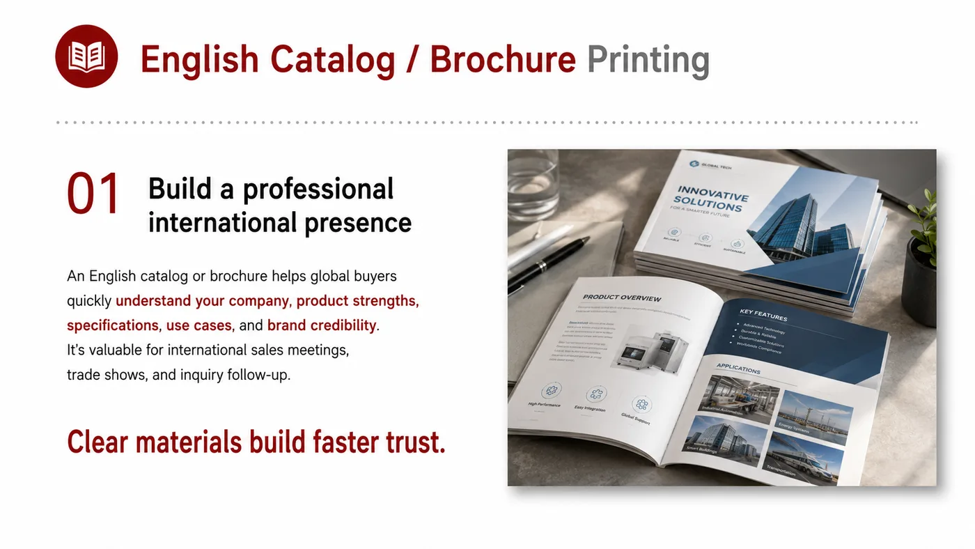 English Catalog and Print Materials service card, page 3: English Catalog and Print Materials connects pre-show outreach, on-site assets, booth messaging, buyer reception and fo...