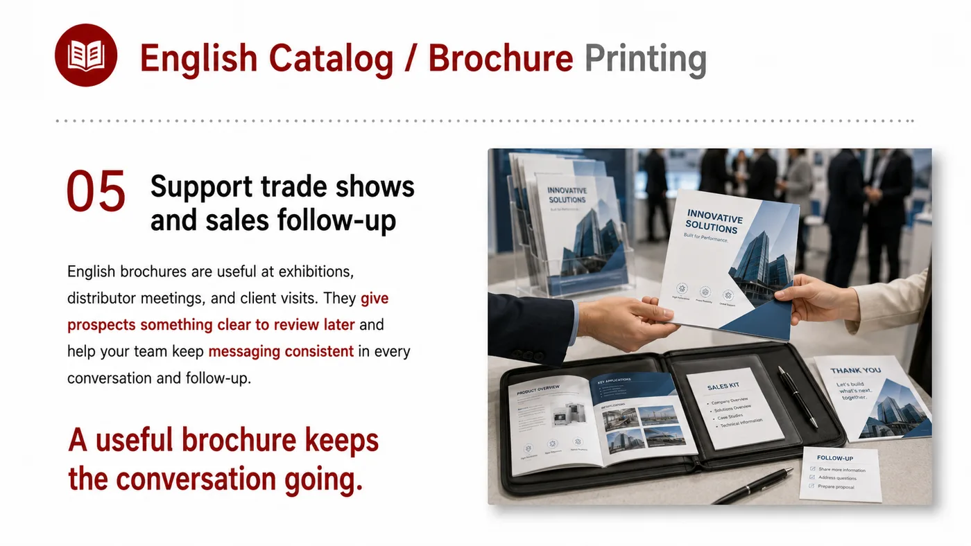 English Catalog and Print Materials service card, page 4: English Catalog and Print Materials connects pre-show outreach, on-site assets, booth messaging, buyer reception and fo...