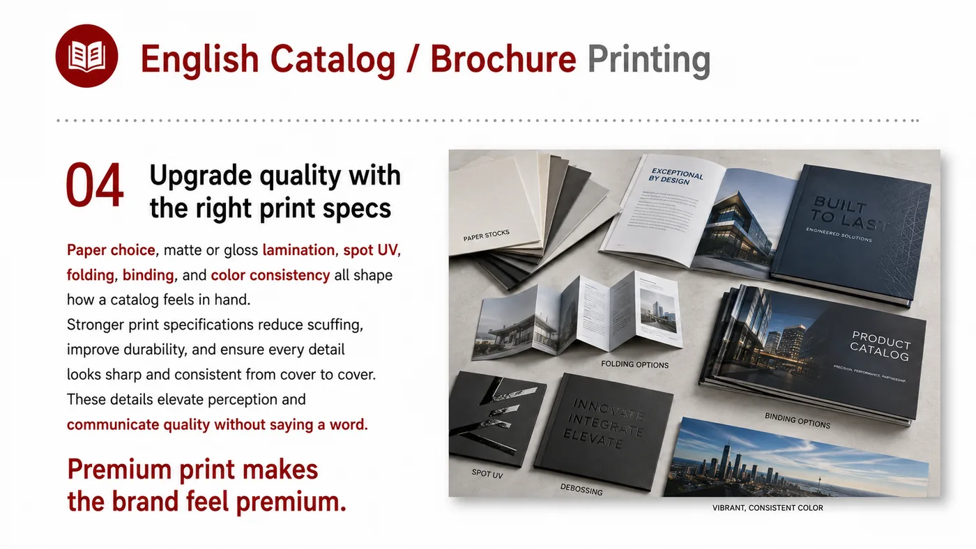 English Catalog and Print Materials service card, page 5: English Catalog and Print Materials connects pre-show outreach, on-site assets, booth messaging, buyer reception and fo...