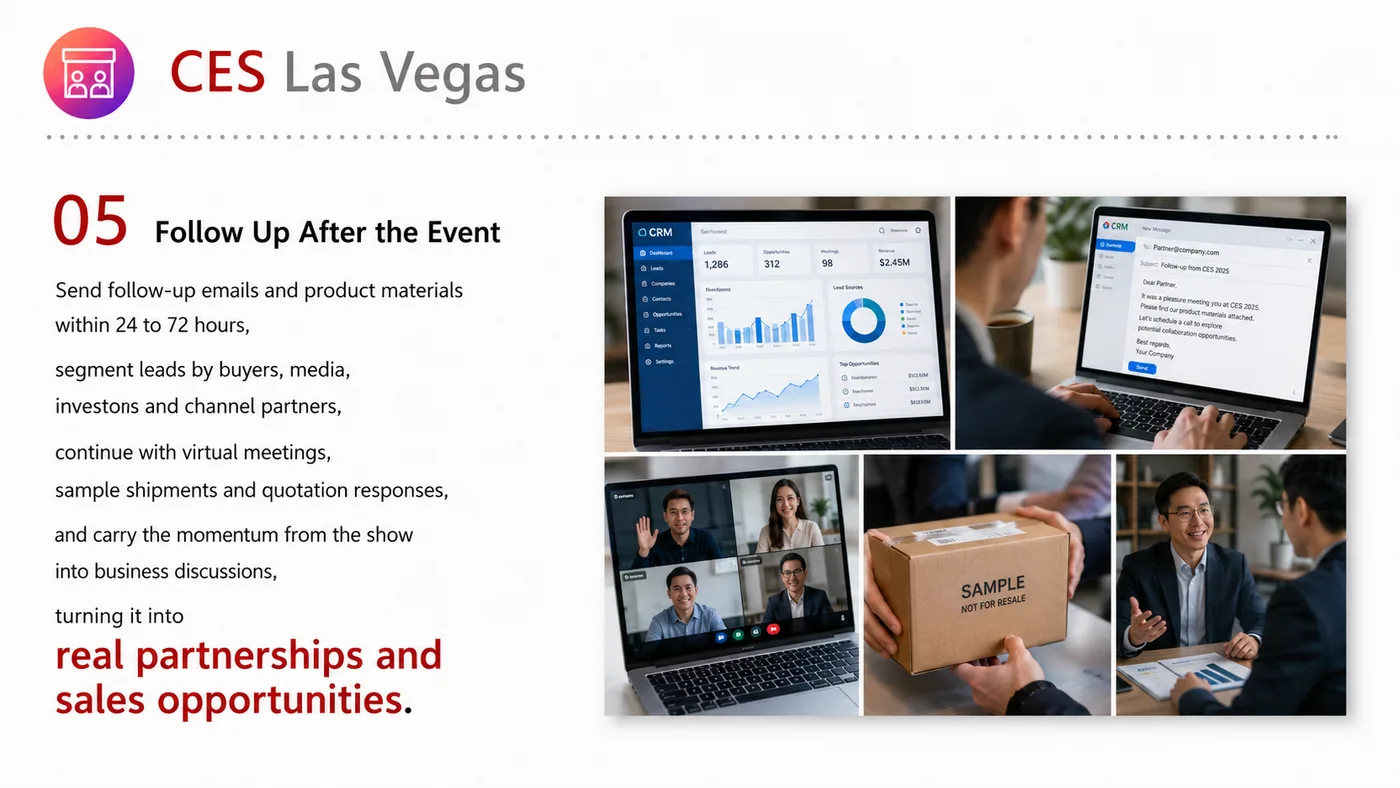 CES Las Vegas service card, page 1: CES Las Vegas connects pre-show outreach, on-site assets, booth messaging, buyer reception and follow-up into a continu...