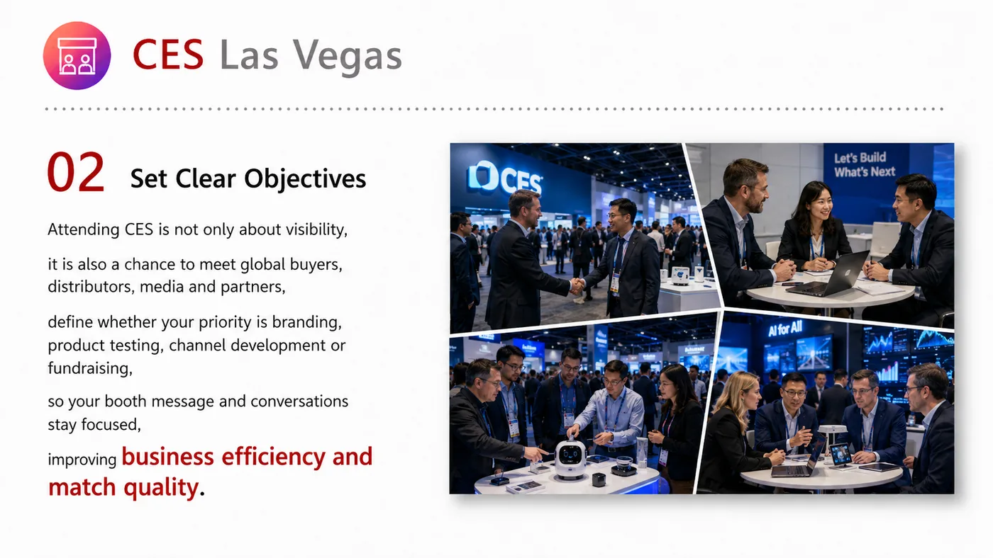 CES Las Vegas service card, page 2: CES Las Vegas connects pre-show outreach, on-site assets, booth messaging, buyer reception and follow-up into a continu...