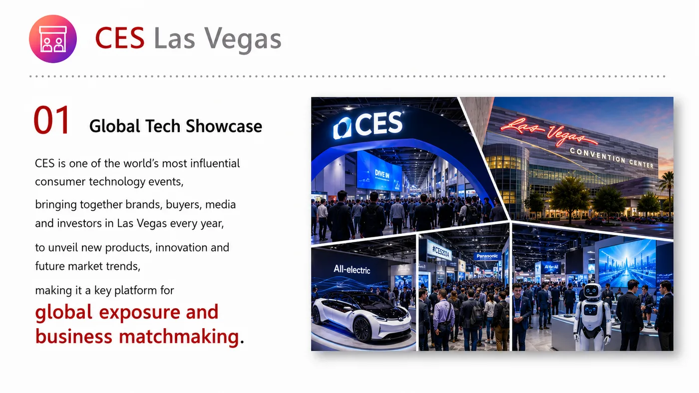 CES Las Vegas service card, page 3: CES Las Vegas connects pre-show outreach, on-site assets, booth messaging, buyer reception and follow-up into a continu...