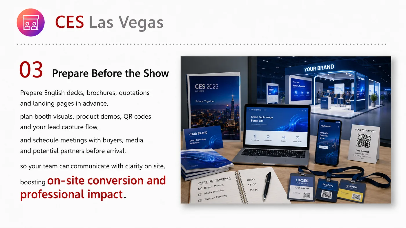 CES Las Vegas service card, page 4: CES Las Vegas connects pre-show outreach, on-site assets, booth messaging, buyer reception and follow-up into a continu...