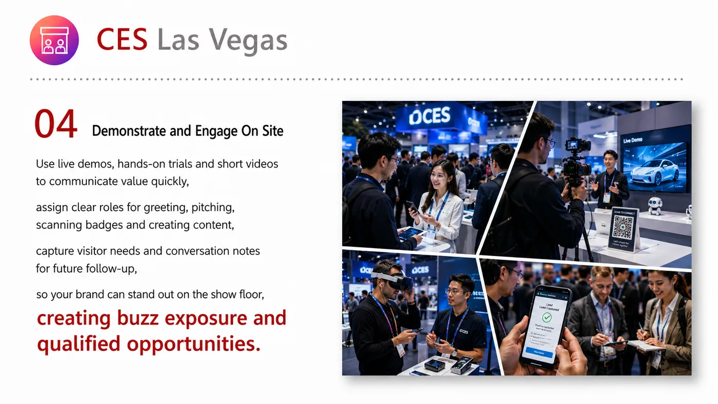 CES Las Vegas service card, page 5: CES Las Vegas connects pre-show outreach, on-site assets, booth messaging, buyer reception and follow-up into a continu...