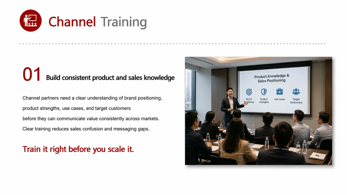 Channel Training service card, page 1: Channel Training prepares channel fit, product data, compliance, packaging, pricing, samples and follow-up needed for N...