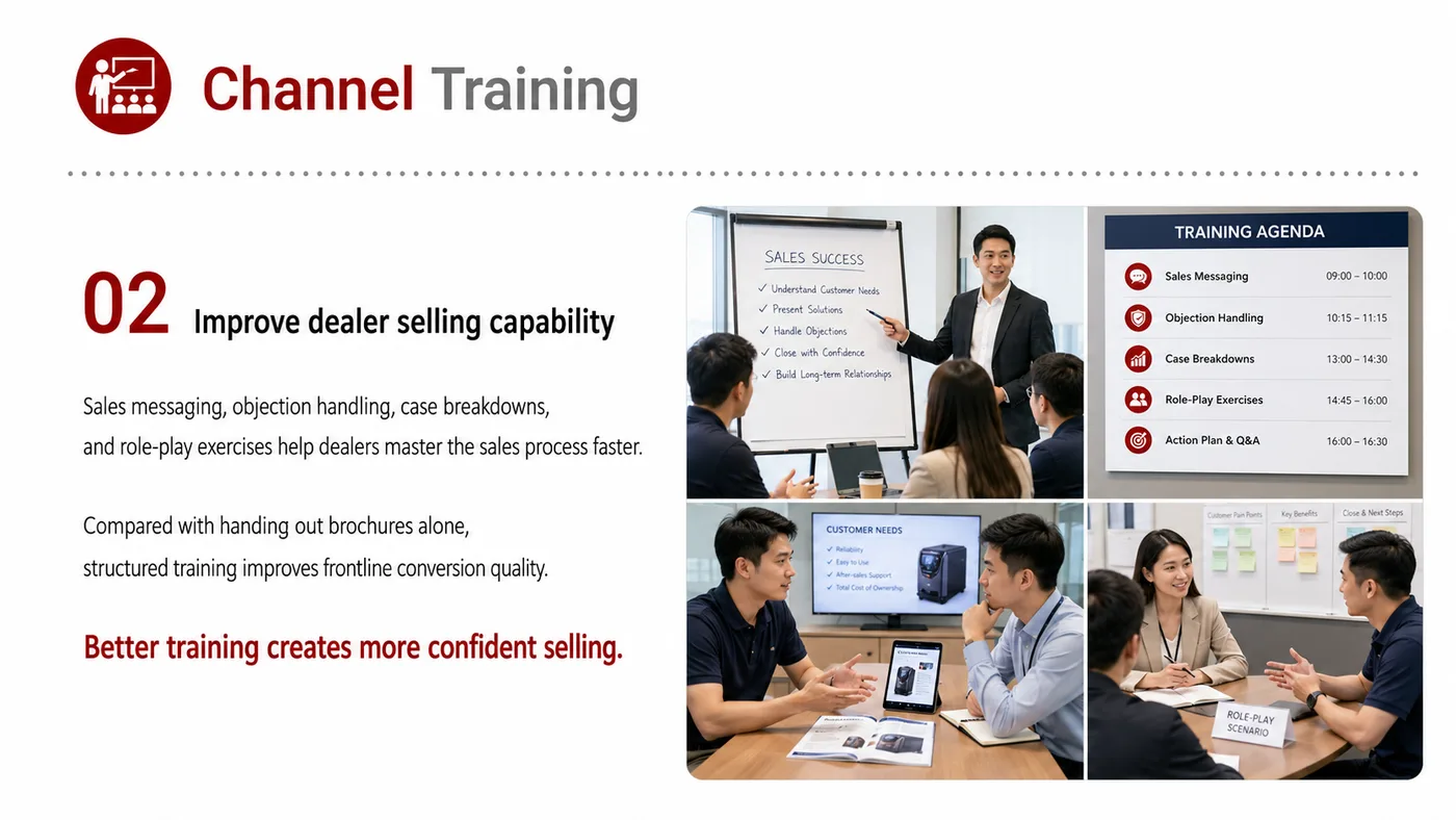 Channel Training service card, page 2: Channel Training prepares channel fit, product data, compliance, packaging, pricing, samples and follow-up needed for N...