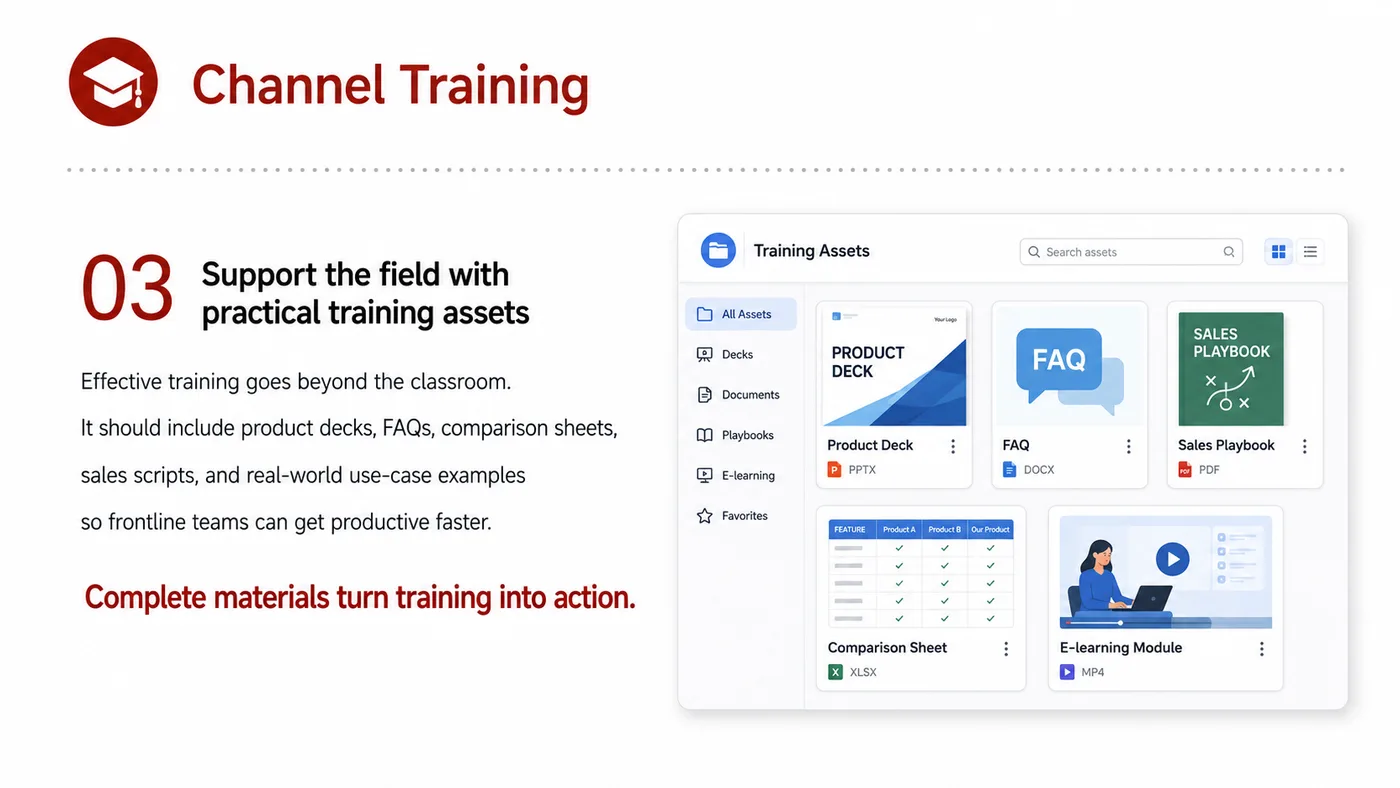 Channel Training service card, page 3: Channel Training prepares channel fit, product data, compliance, packaging, pricing, samples and follow-up needed for N...