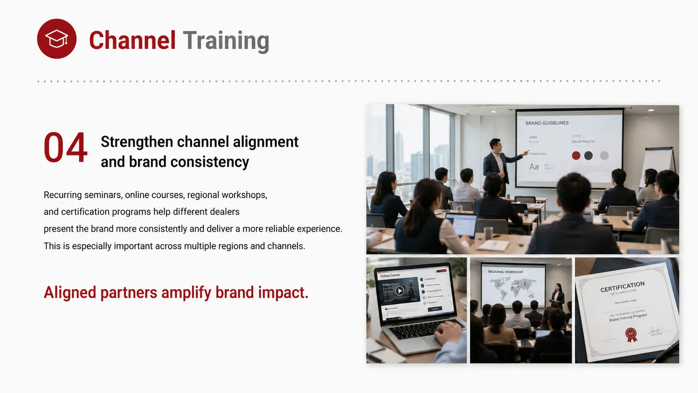 Channel Training service card, page 4: Channel Training prepares channel fit, product data, compliance, packaging, pricing, samples and follow-up needed for N...