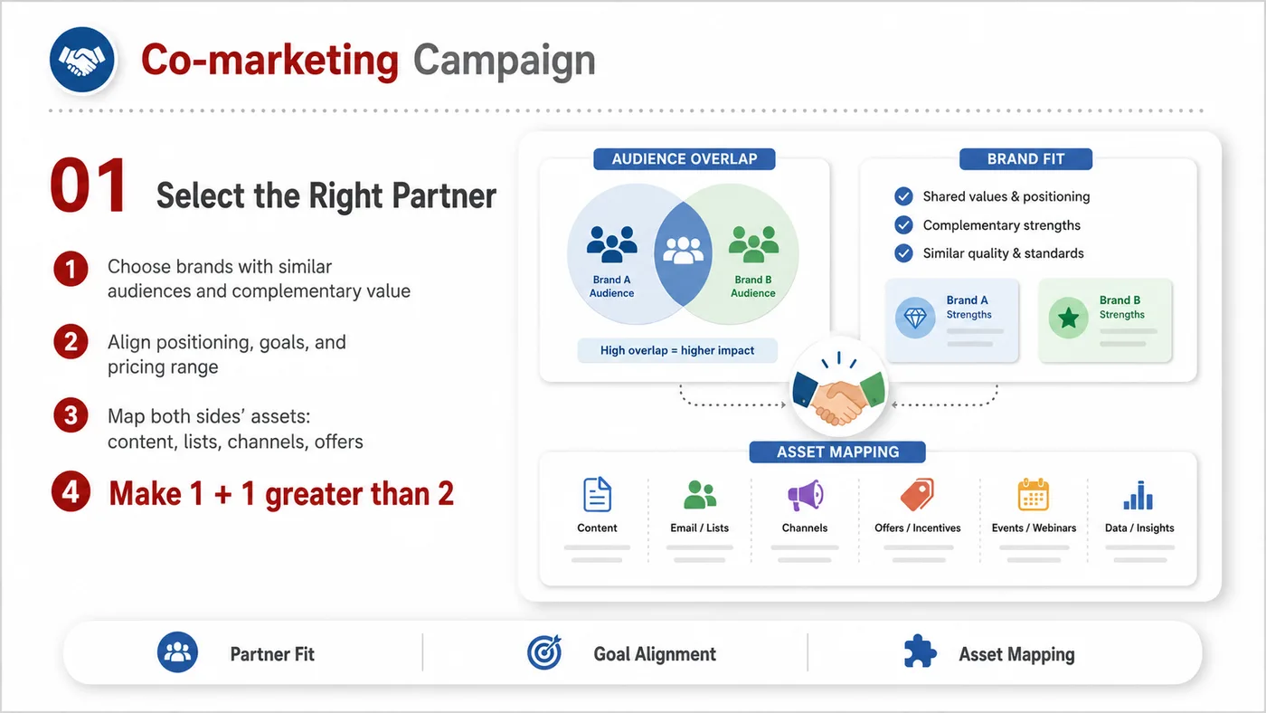Co-marketing Campaign service card, page 1: Co-marketing Campaign prepares channel fit, product data, compliance, packaging, pricing, samples and follow-up needed...