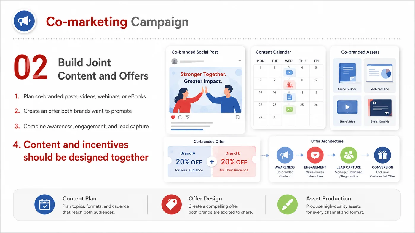 Co-marketing Campaign service card, page 2: Co-marketing Campaign prepares channel fit, product data, compliance, packaging, pricing, samples and follow-up needed...