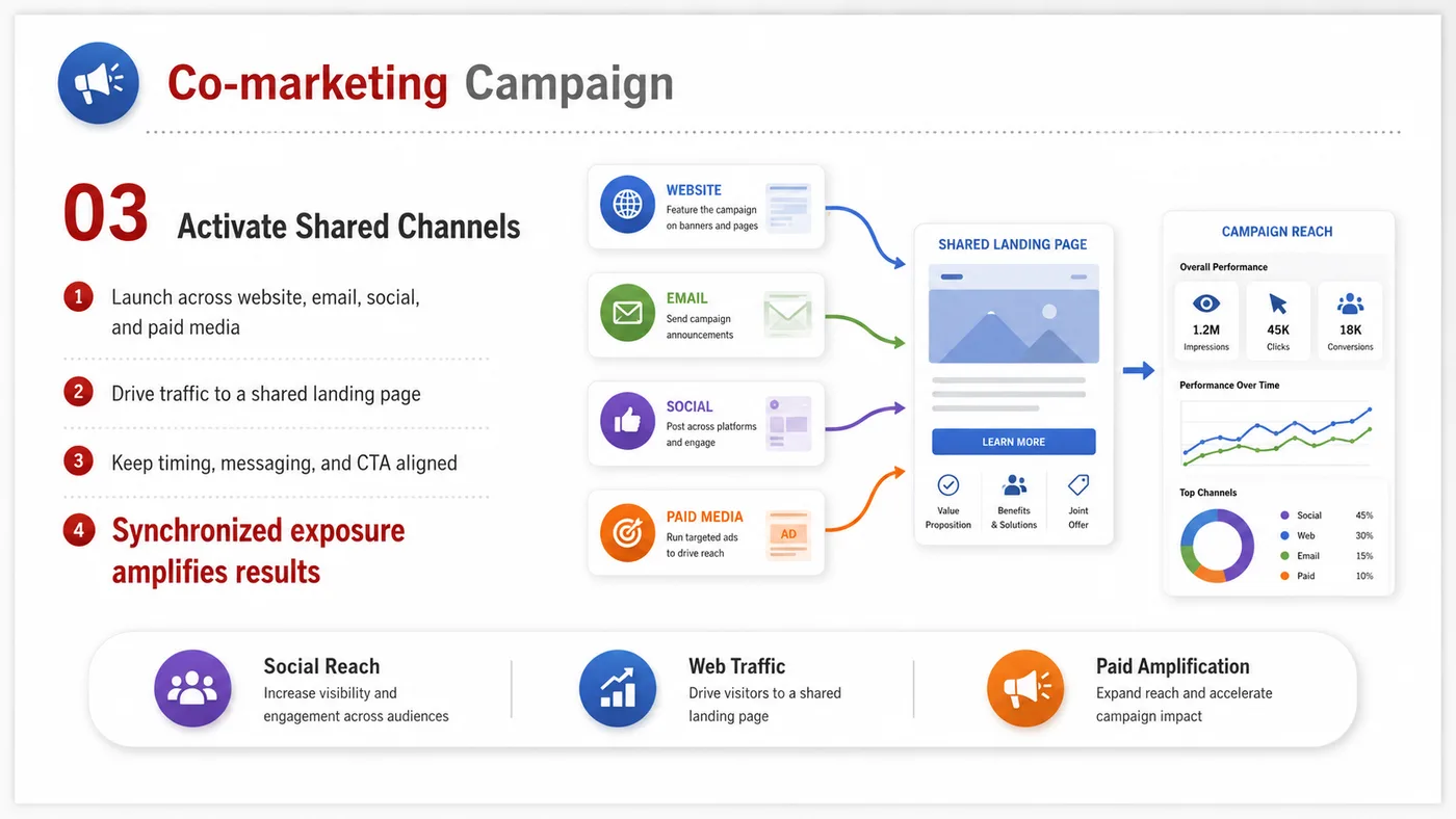 Co-marketing Campaign service card, page 3: Co-marketing Campaign prepares channel fit, product data, compliance, packaging, pricing, samples and follow-up needed...