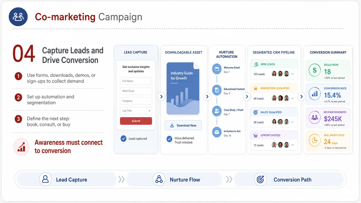 Co-marketing Campaign service card, page 5: Co-marketing Campaign prepares channel fit, product data, compliance, packaging, pricing, samples and follow-up needed...