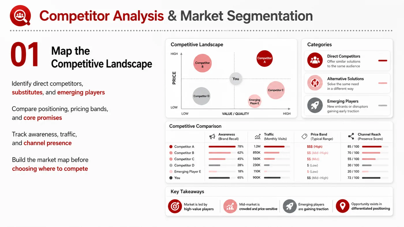 Competitor Analysis and Segmentation service card, page 1: Competitor Analysis and Segmentation turns English narrative, sales assets, trust content and lead tracking into busine...