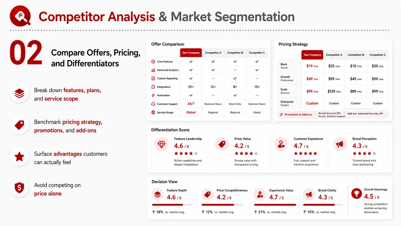 Competitor Analysis and Segmentation service card, page 2: Competitor Analysis and Segmentation turns English narrative, sales assets, trust content and lead tracking into busine...