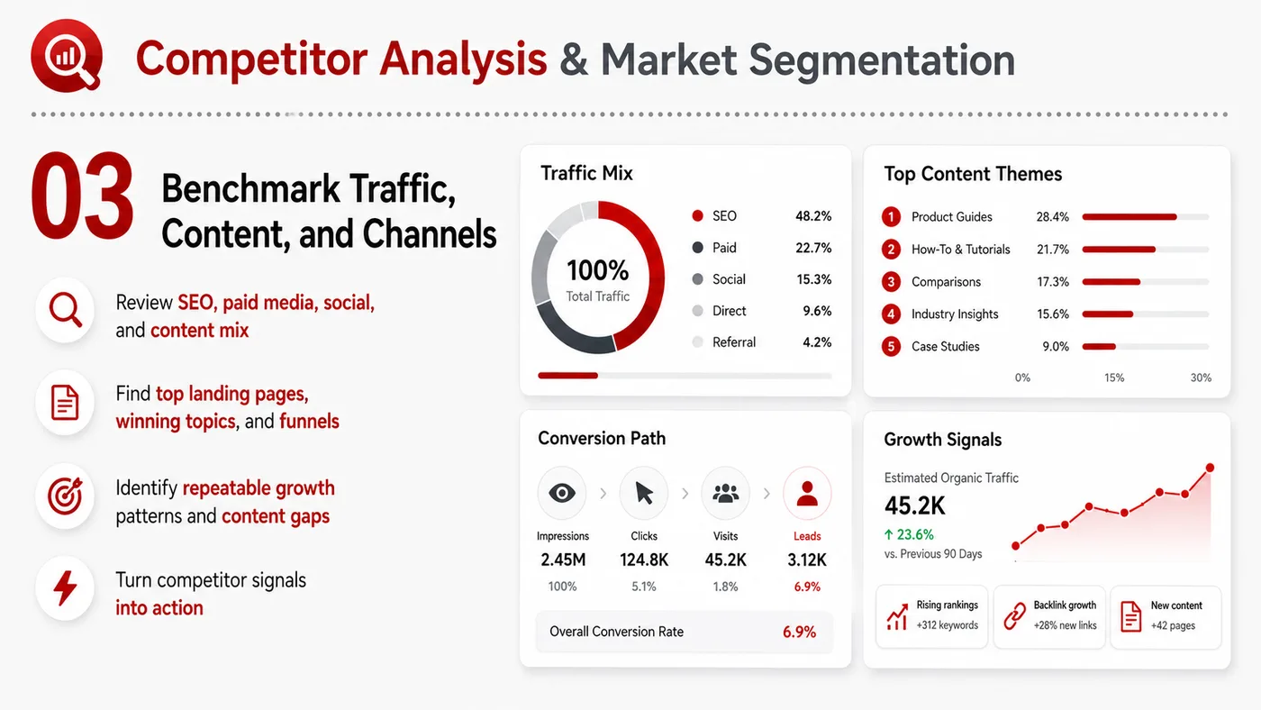 Competitor Analysis and Segmentation service card, page 3: Competitor Analysis and Segmentation turns English narrative, sales assets, trust content and lead tracking into busine...