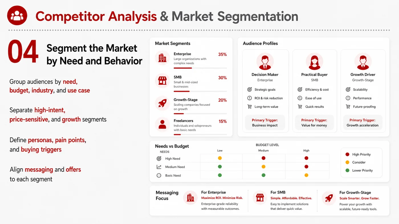 Competitor Analysis and Segmentation service card, page 4: Competitor Analysis and Segmentation turns English narrative, sales assets, trust content and lead tracking into busine...
