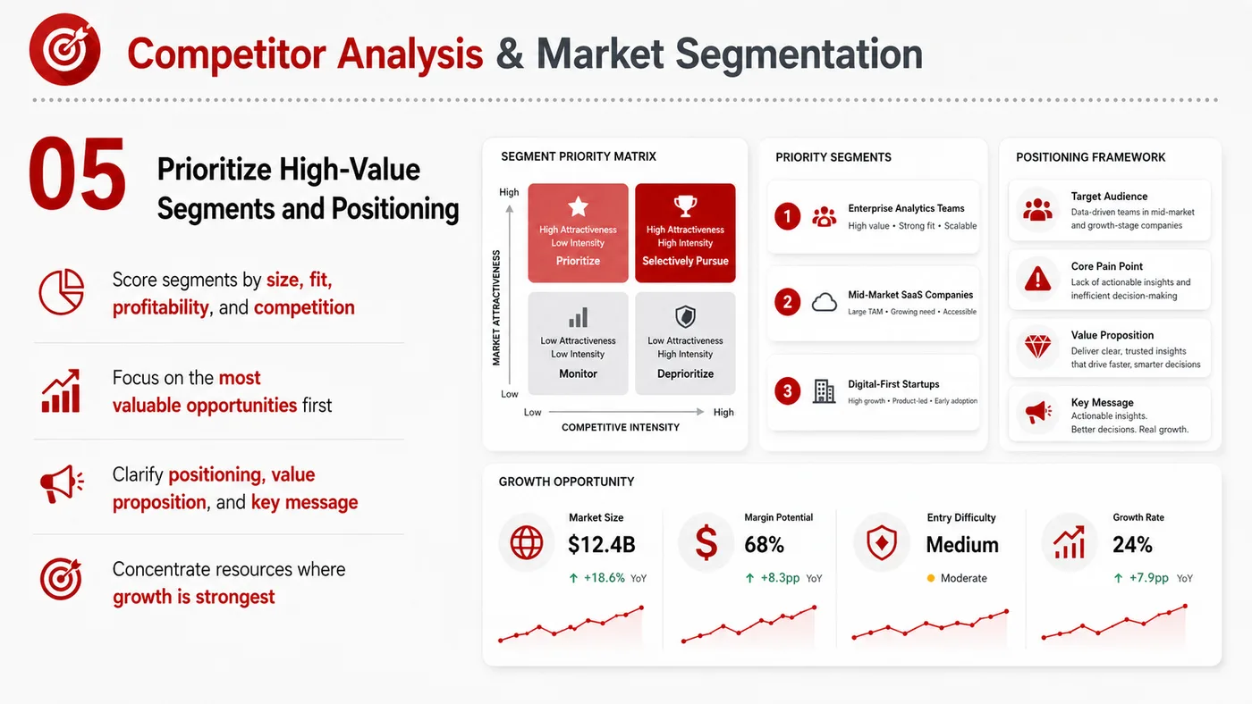 Competitor Analysis and Segmentation service card, page 5: Competitor Analysis and Segmentation turns English narrative, sales assets, trust content and lead tracking into busine...