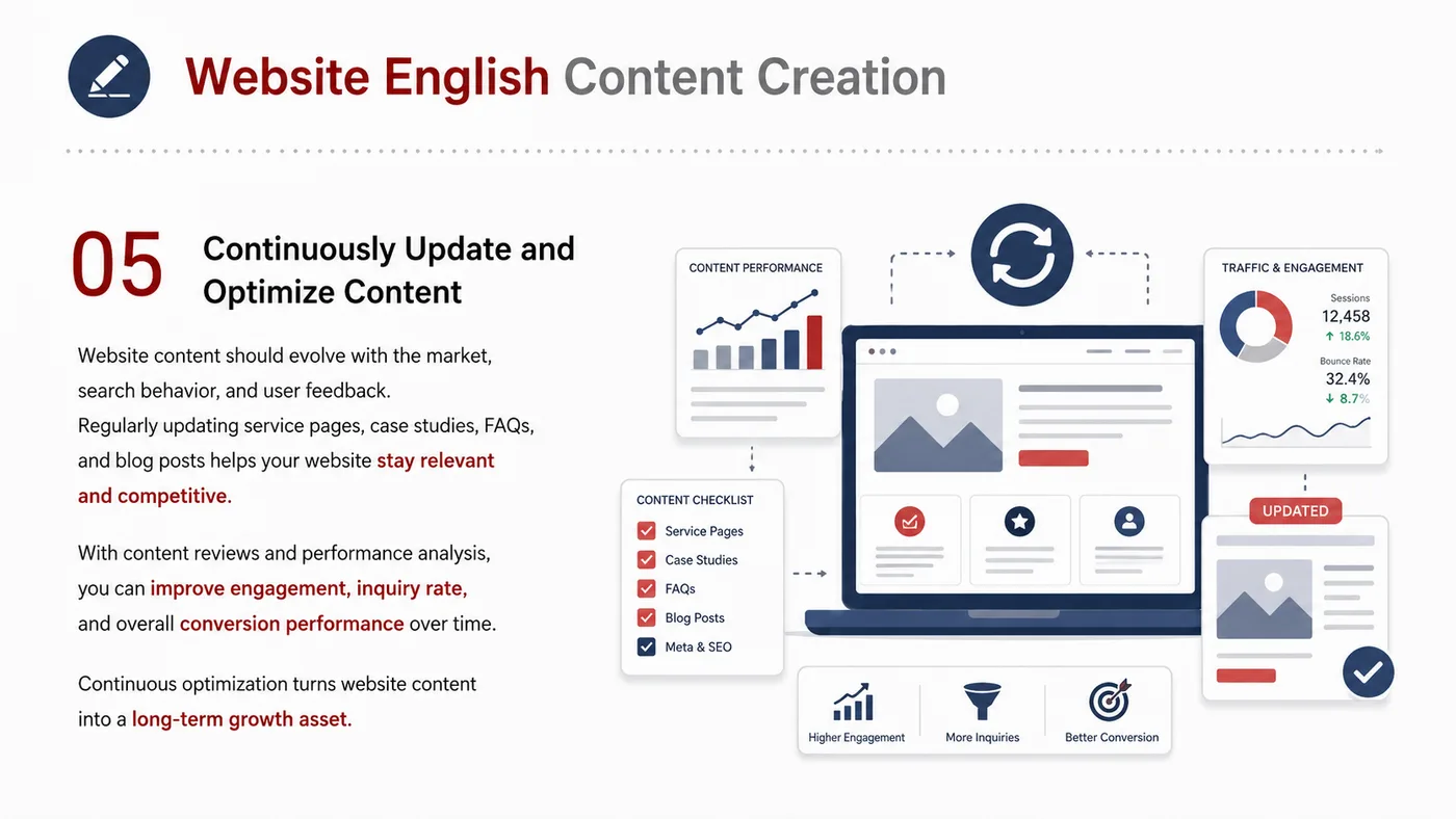 English Content Creation service card, page 1: English Content Creation turns English narrative, sales assets, trust content and lead tracking into business-developme...