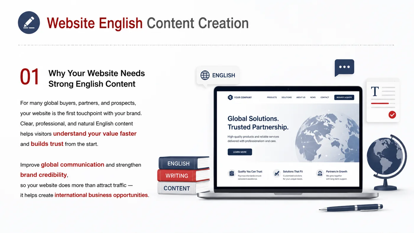 English Content Creation service card, page 2: English Content Creation turns English narrative, sales assets, trust content and lead tracking into business-developme...