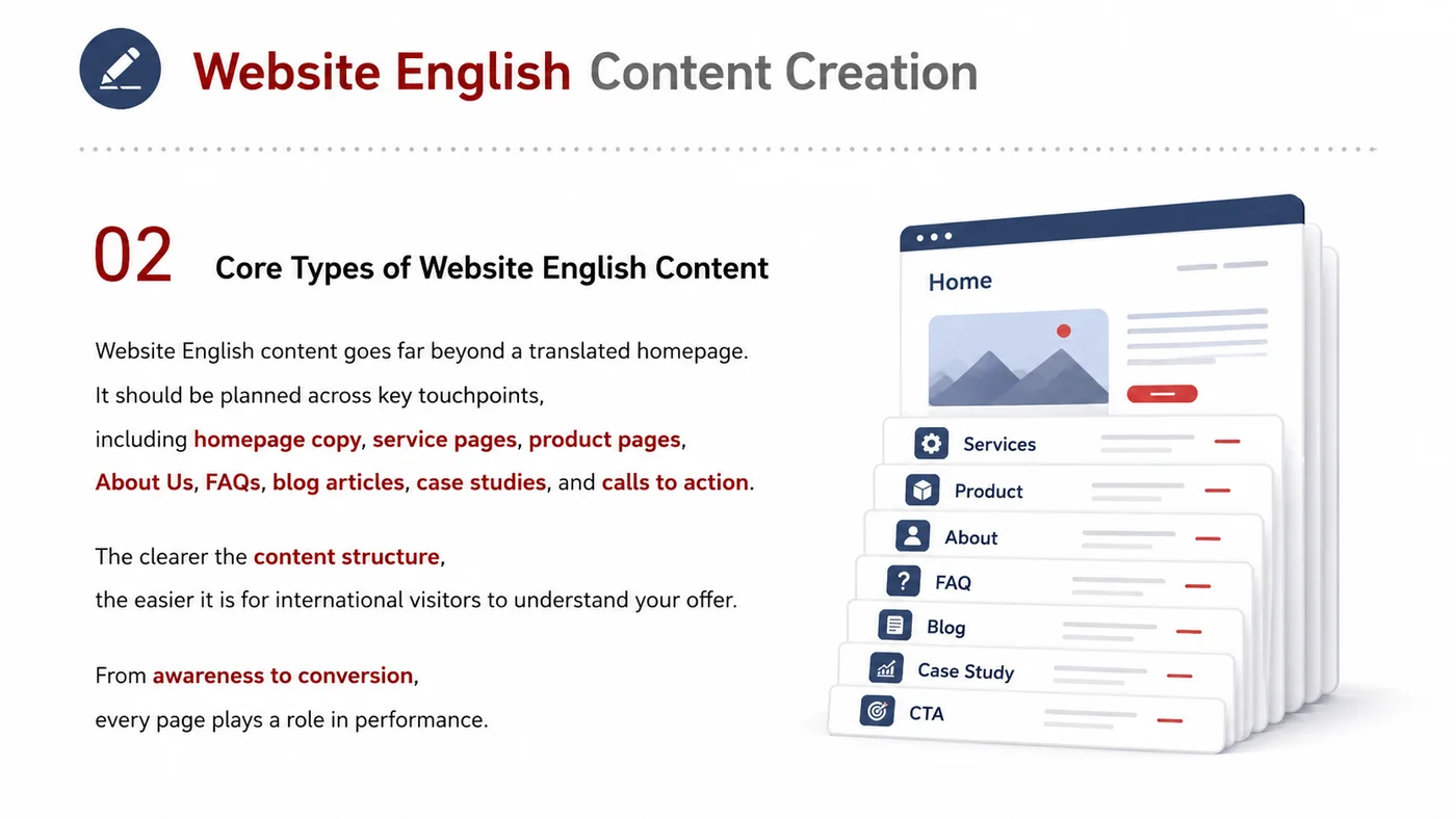English Content Creation service card, page 3: English Content Creation turns English narrative, sales assets, trust content and lead tracking into business-developme...