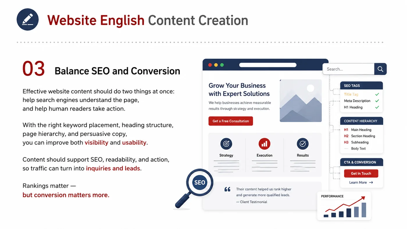 English Content Creation service card, page 4: English Content Creation turns English narrative, sales assets, trust content and lead tracking into business-developme...