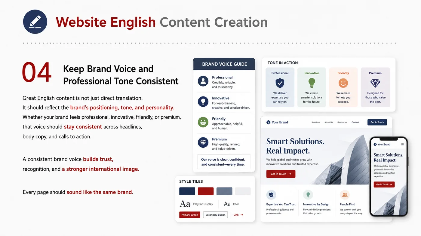 English Content Creation service card, page 5: English Content Creation turns English narrative, sales assets, trust content and lead tracking into business-developme...