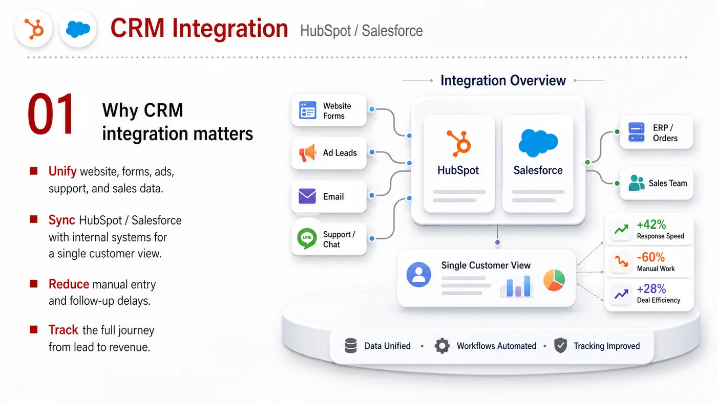 CRM Integration service card, page 1: CRM Integration turns English narrative, sales assets, trust content and lead tracking into business-development assets...