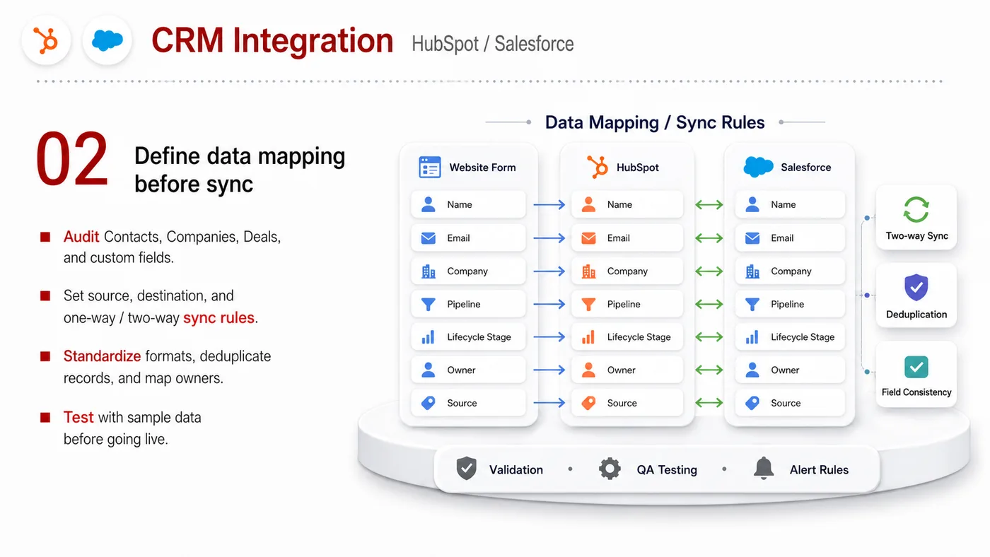 CRM Integration service card, page 2: CRM Integration turns English narrative, sales assets, trust content and lead tracking into business-development assets...