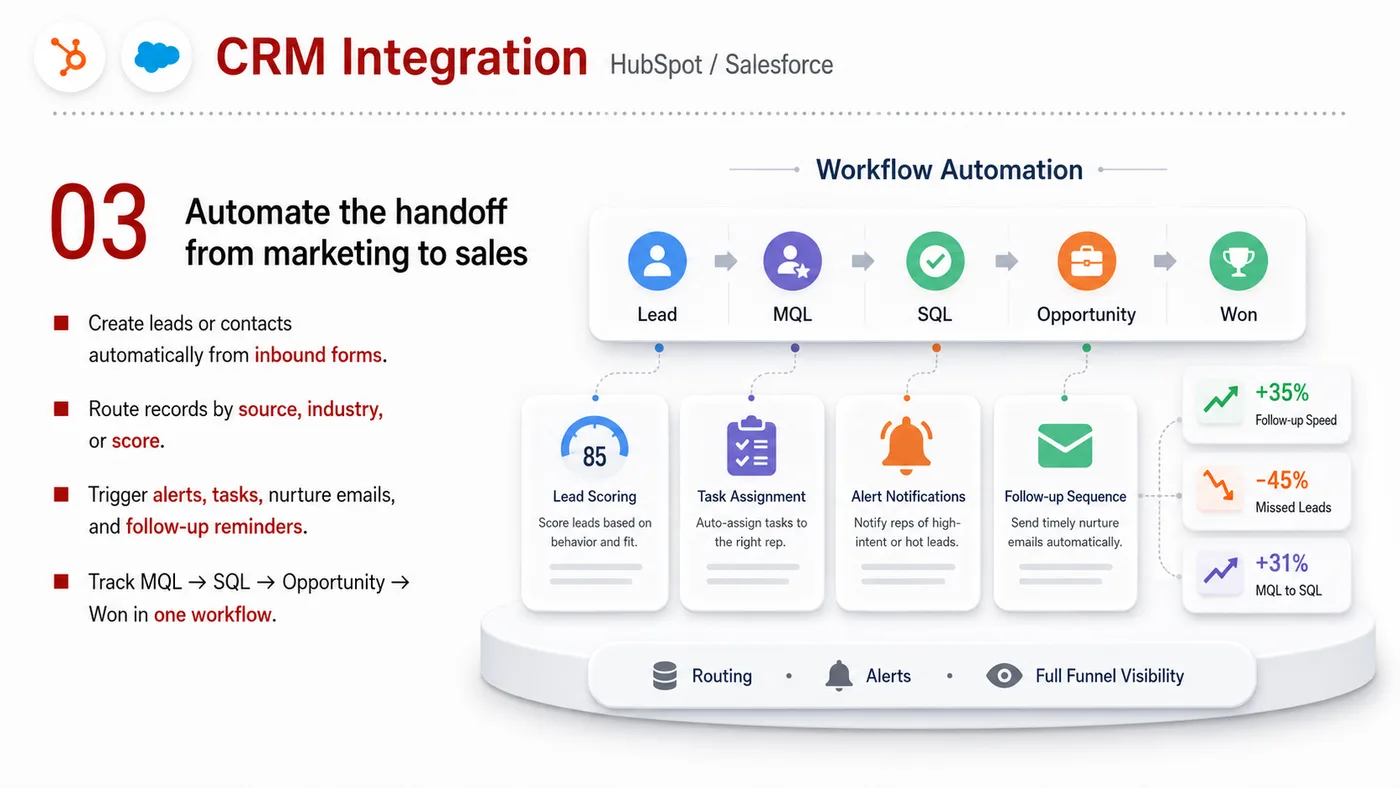 CRM Integration service card, page 3: CRM Integration turns English narrative, sales assets, trust content and lead tracking into business-development assets...
