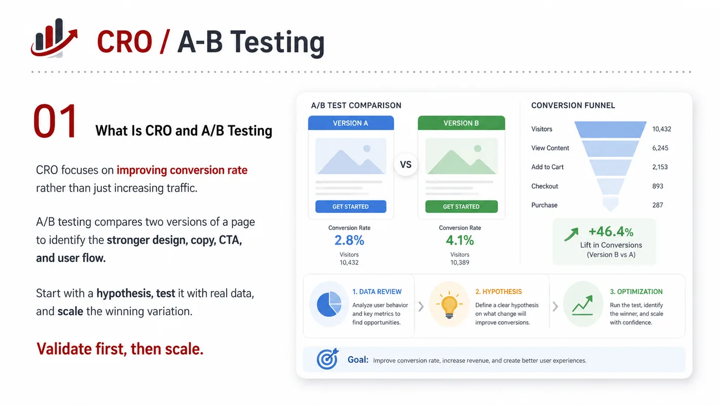CRO and A/B Testing service card, page 1: CRO and A/B Testing turns English narrative, sales assets, trust content and lead tracking into business-development as...