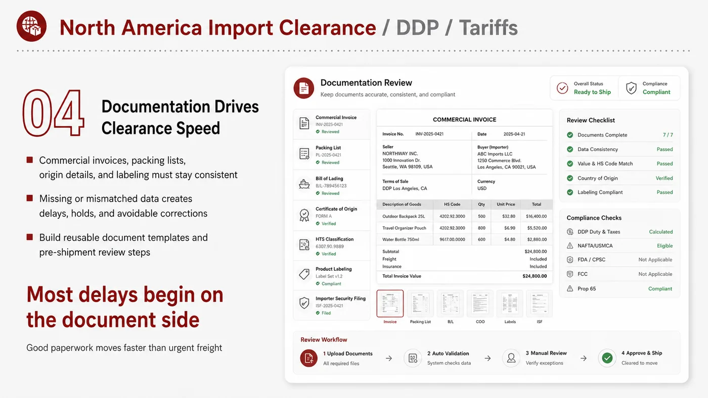 Import, DDP and Duties service card, page 5: Import, DDP and Duties focuses on platform setup, data preparation, listing optimization, ads, reviews and ongoing oper...