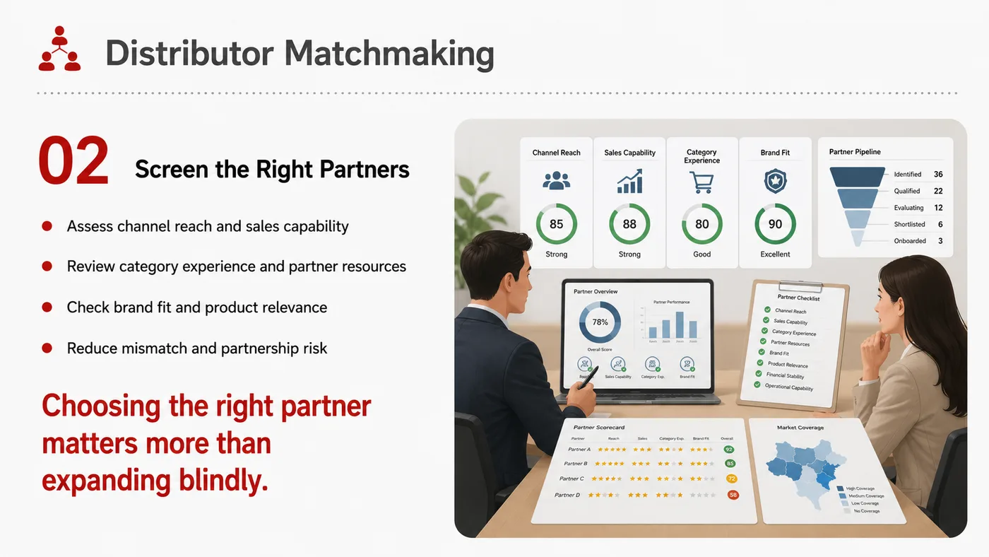 Distributor Matching service card, page 1: Distributor Matching prepares channel fit, product data, compliance, packaging, pricing, samples and follow-up needed f...